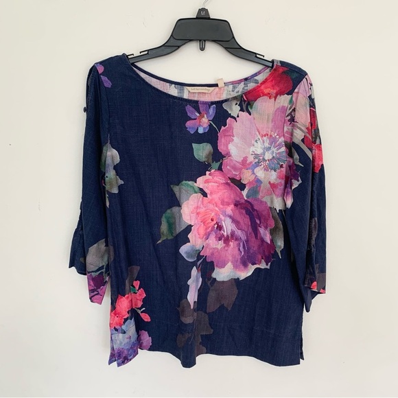 Soft Surroundings Watercolor Floral Print Linen Blend Button Sleeve Blouse Small - Picture 1 of 9